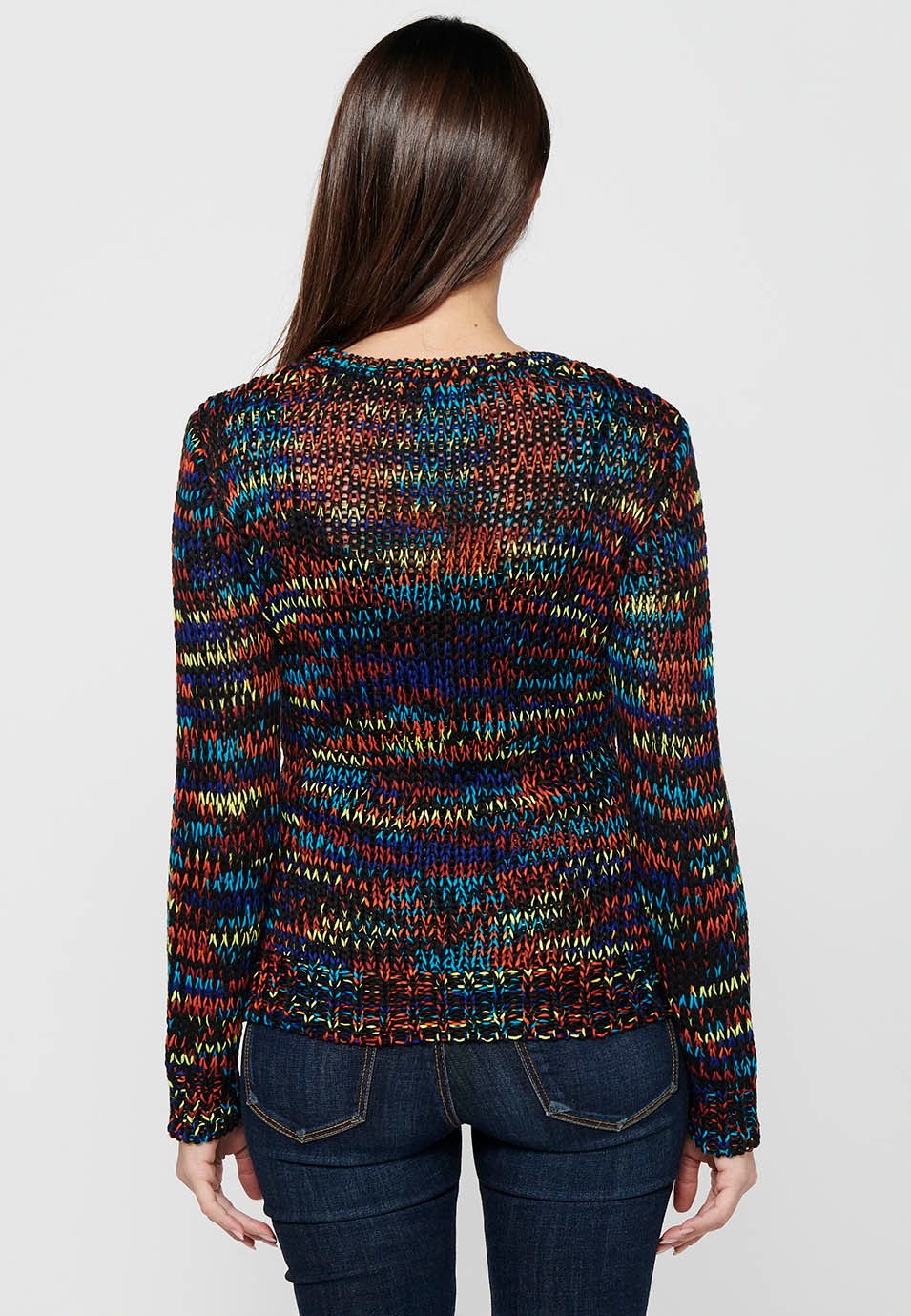 Pull col rond manches longues. Tricot rayé multicolore pour femme 6