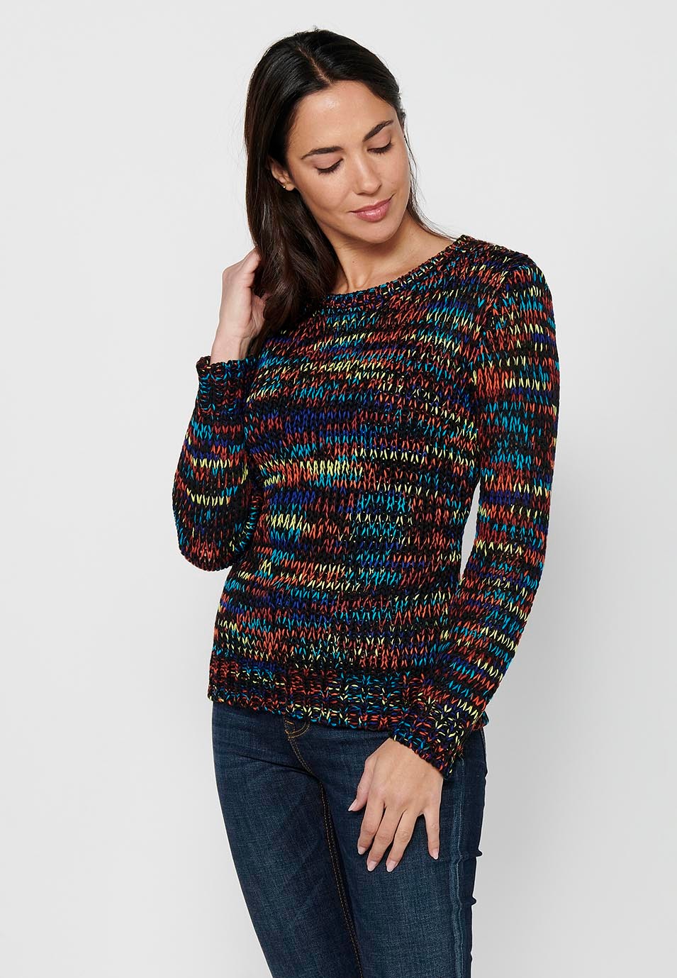 Round neck long sleeve sweater. Multicolor Striped Tricot for Women 5
