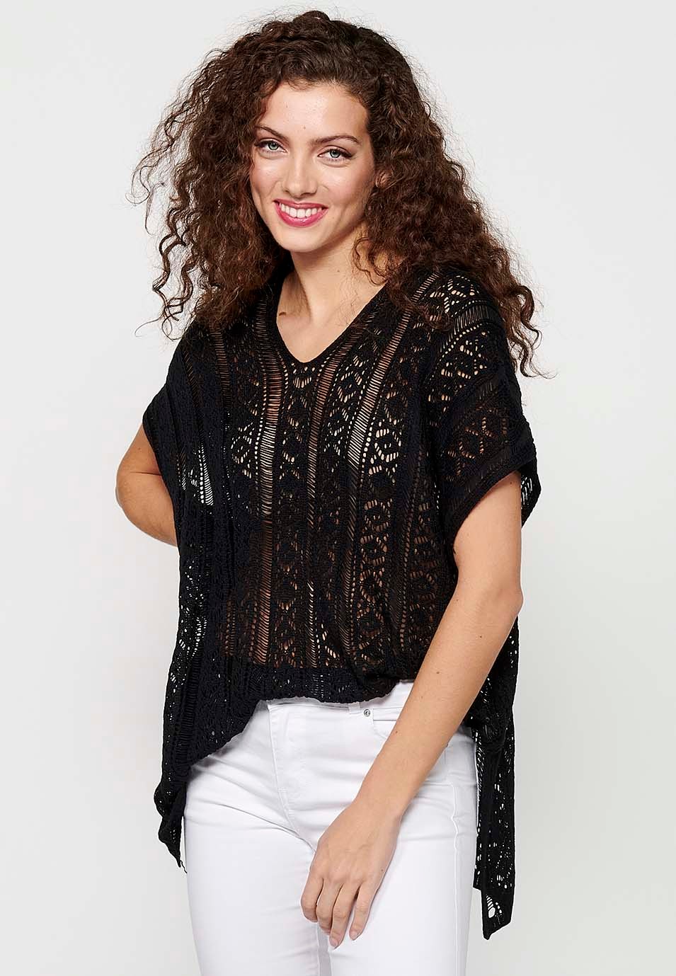 Women's Black Wide Sleeve Knitted Loose Tricot Sweater