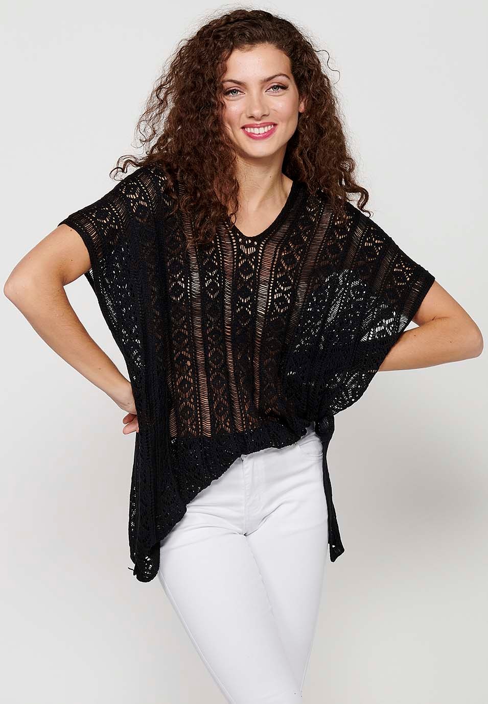 Women's Black Wide Sleeve Knitted Loose Tricot Sweater