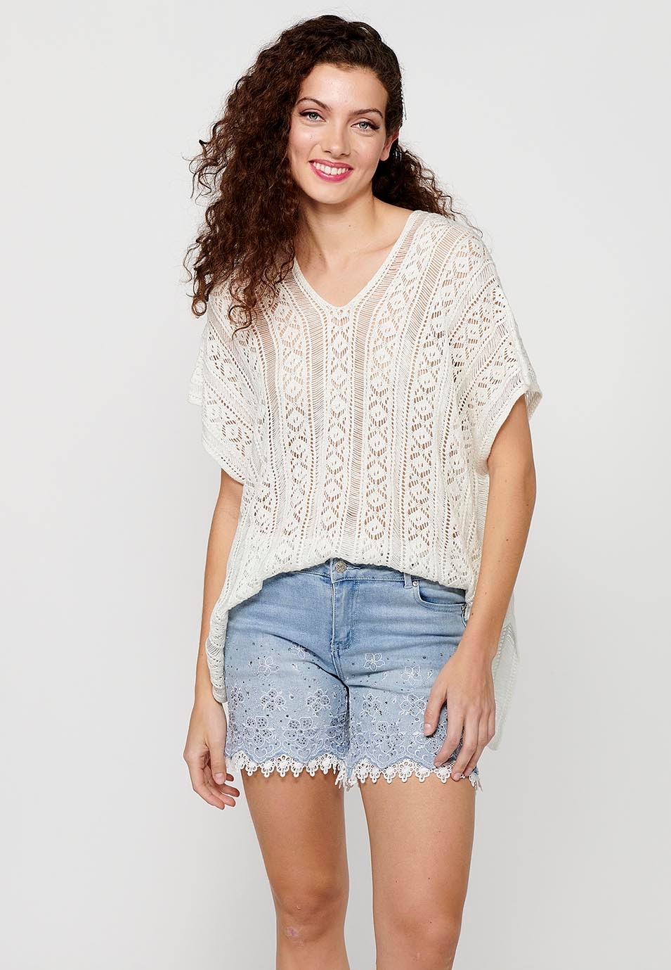 Loose-fitting knitted sweater with wide sleeves in Ecru for Women