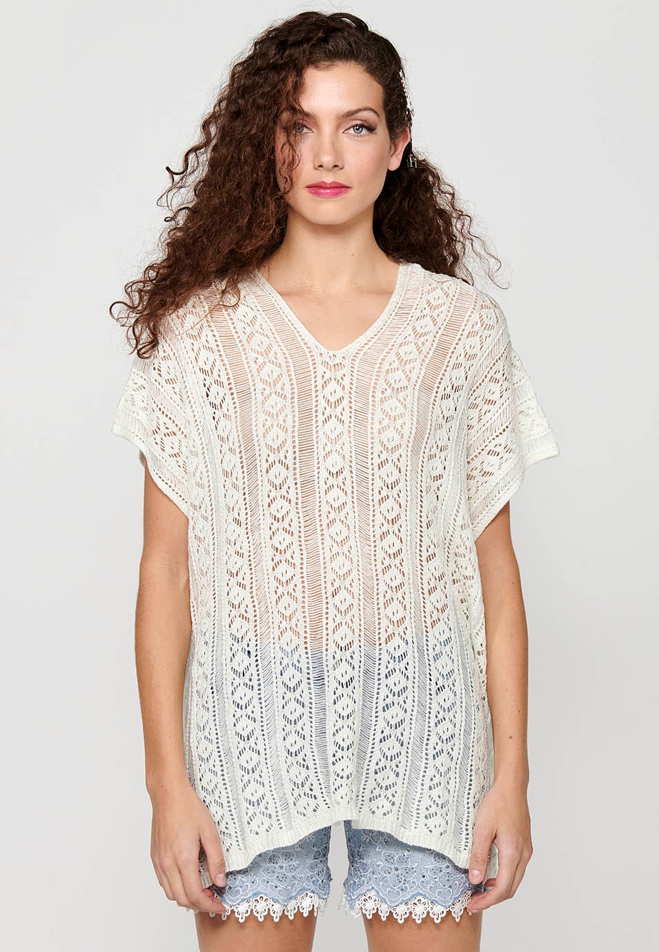 Jersey tricot holgado de punto de mangas anchas de Color Crudo para Mujer 