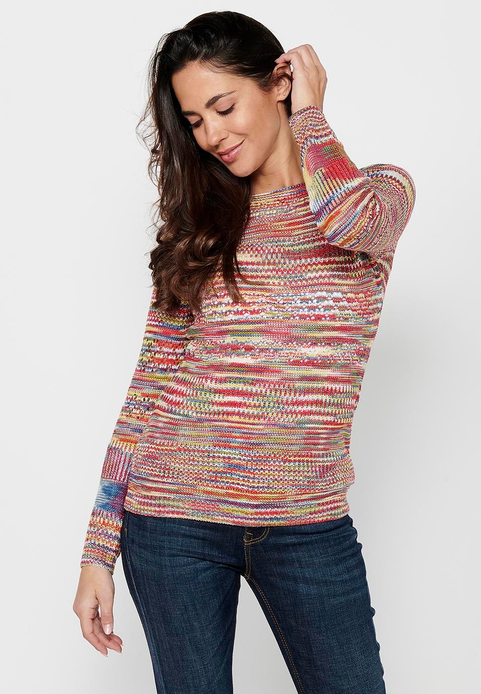 Jersey de manga larga con Cuello redondo. Tricot calado multicolor de Color Multicolor para Mujer