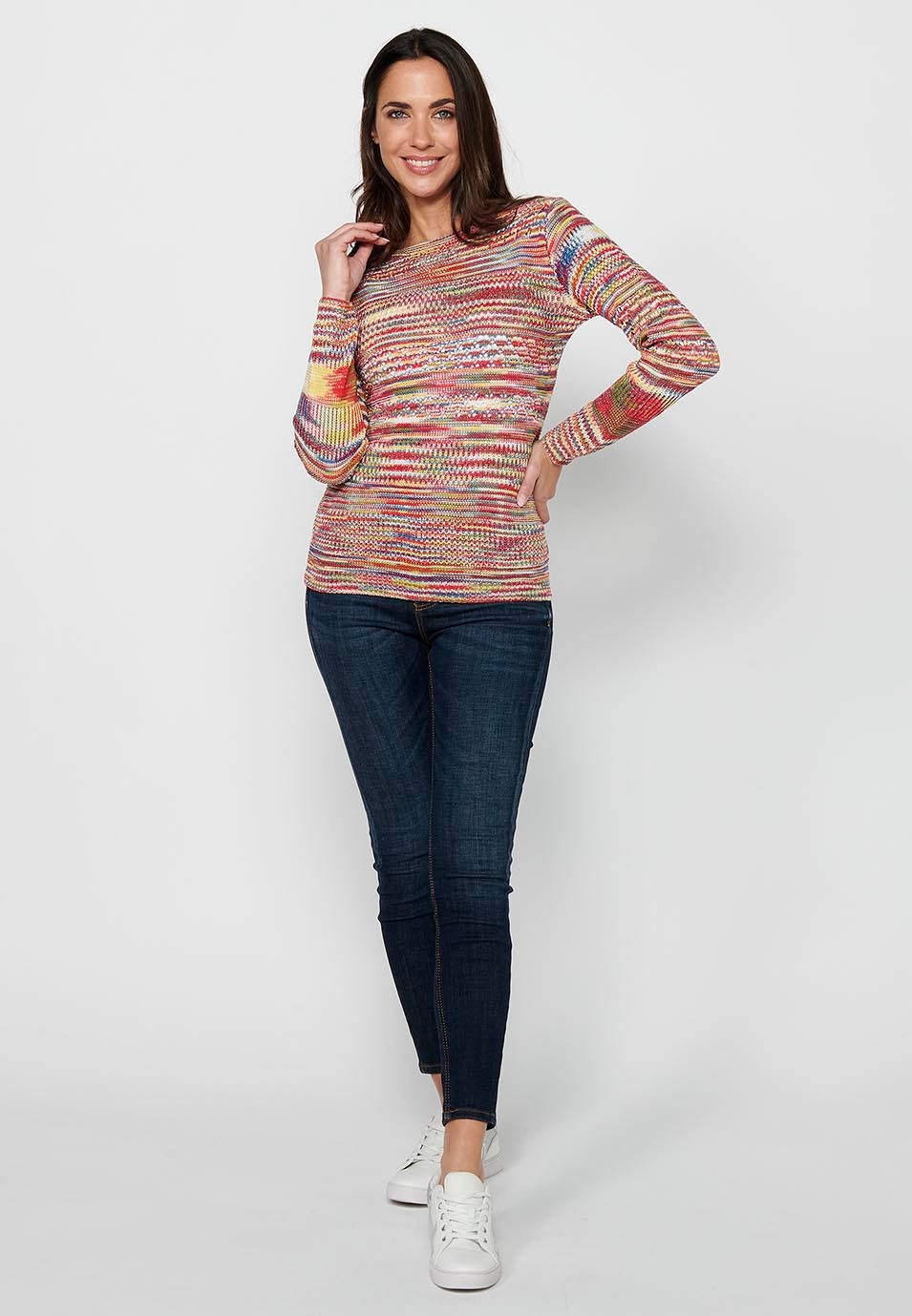 Long sleeve sweater with round neck. Multicolor openwork tricot by Color Multicolor for Women 3