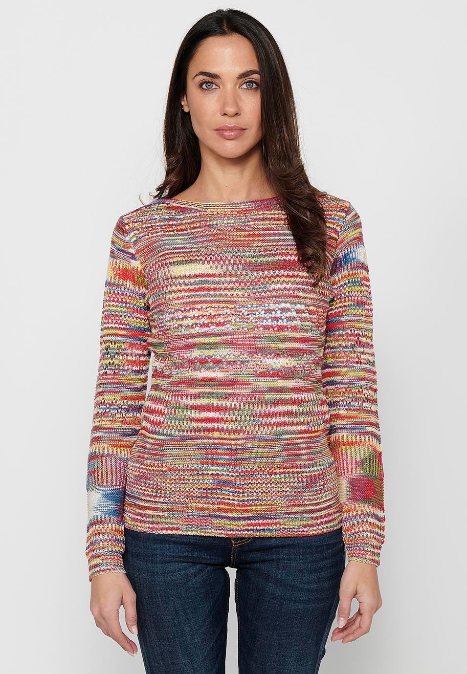 Long sleeve sweater with round neck. Multicolor openwork tricot by Color Multicolor for Women 4