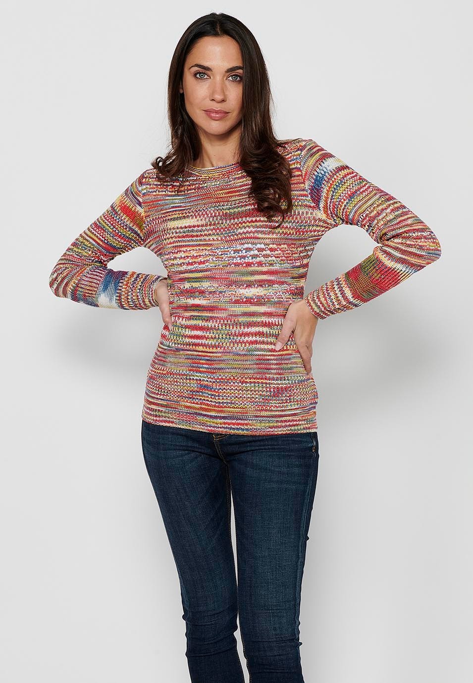 Long sleeve sweater with round neck. Multicolor openwork tricot by Color Multicolor for Women 1