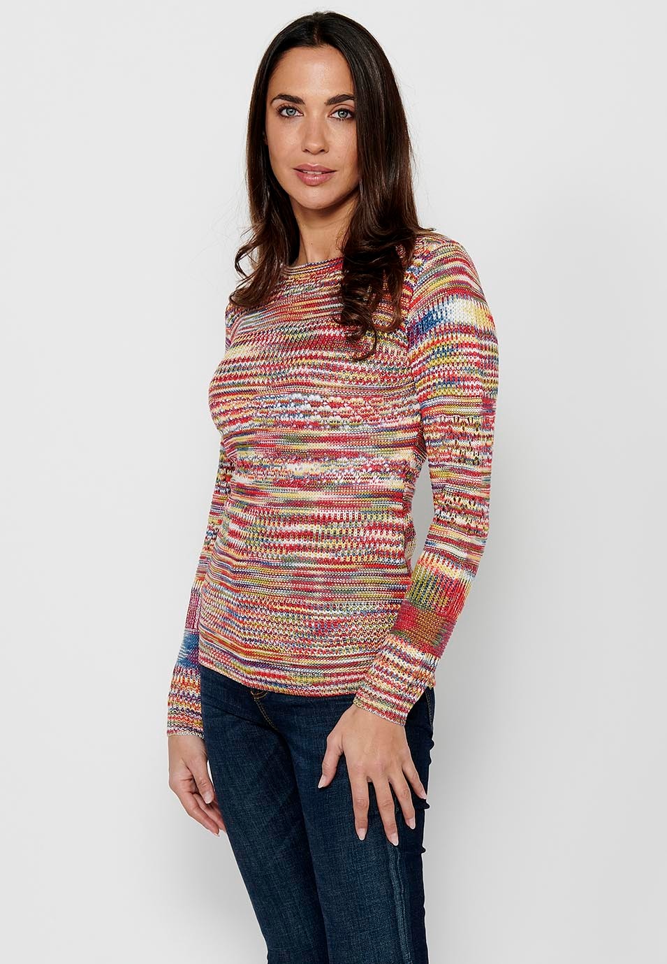Long sleeve sweater with round neck. Multicolor openwork tricot by Color Multicolor for Women 8