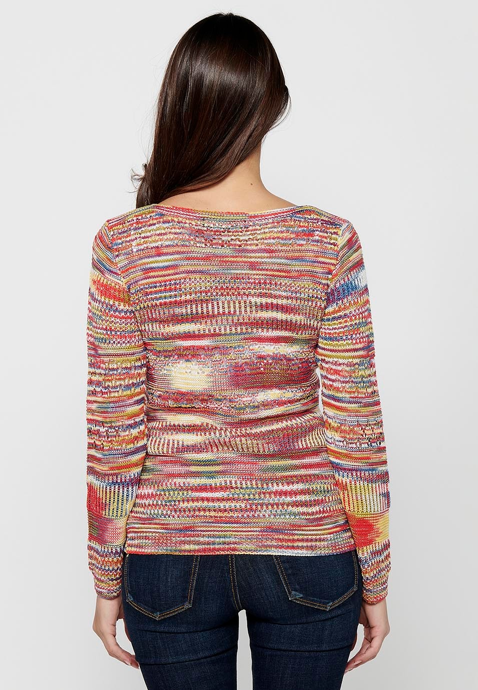 Long sleeve sweater with round neck. Multicolor openwork tricot by Color Multicolor for Women 7