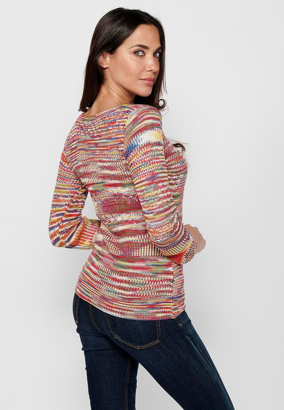 Long sleeve sweater with round neck. Multicolor openwork tricot by Color Multicolor for Women 6