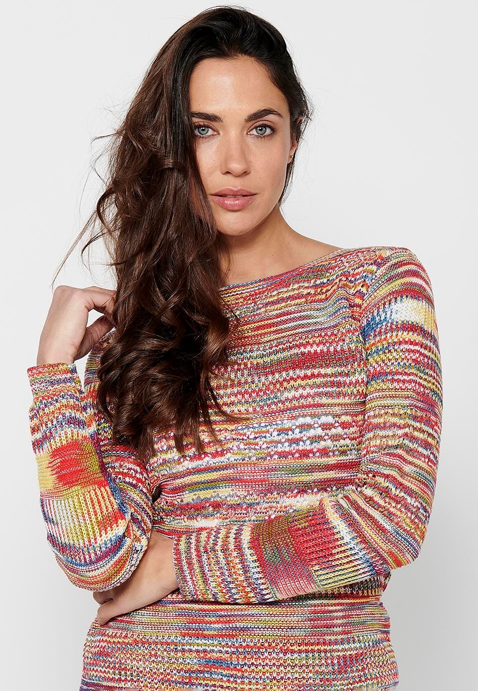 Long sleeve sweater with round neck. Multicolor openwork tricot by Color Multicolor for Women 5