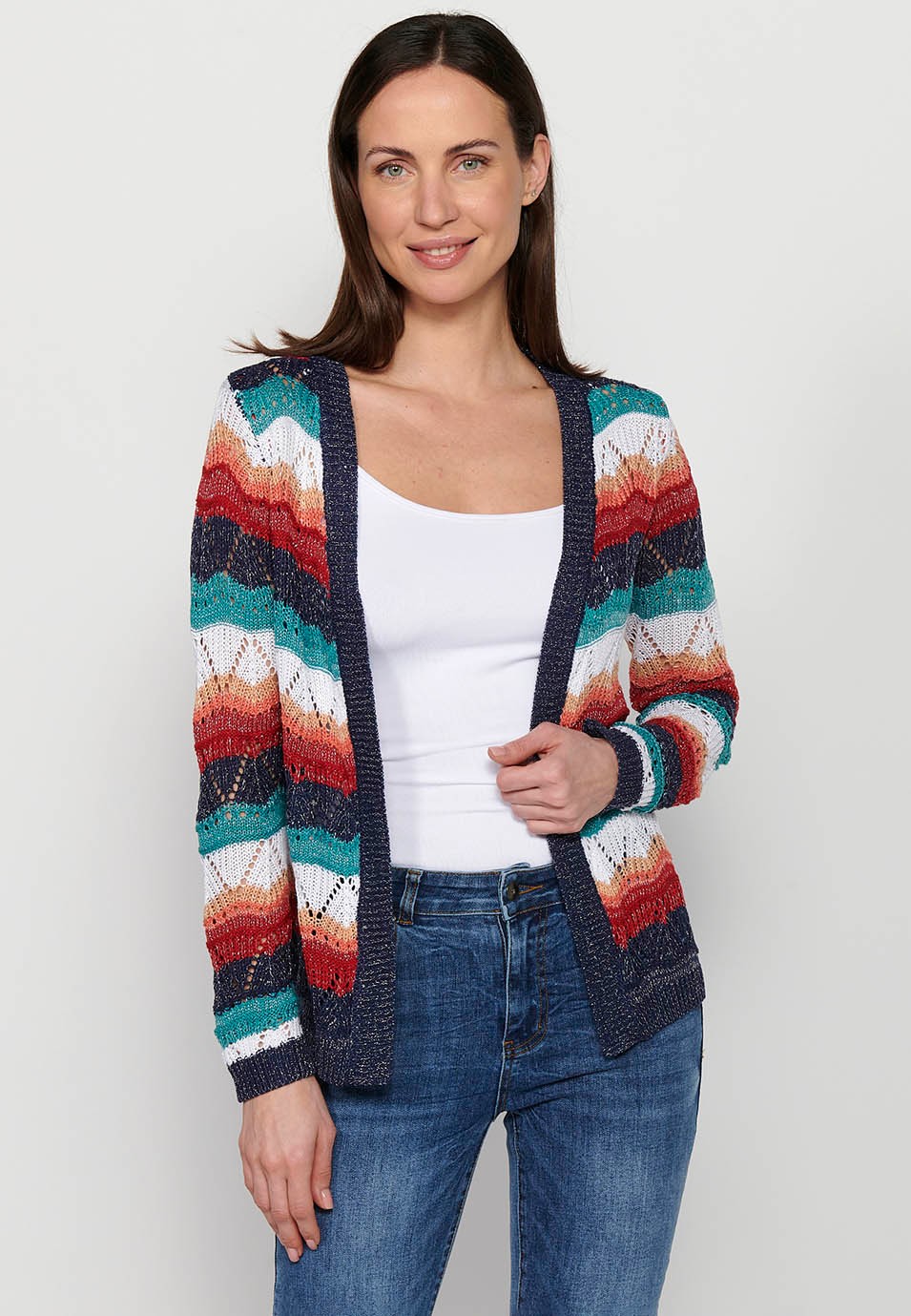 Langärmliges, durchbrochenes Trikot mit mehrfarbigen Streifen für Damen