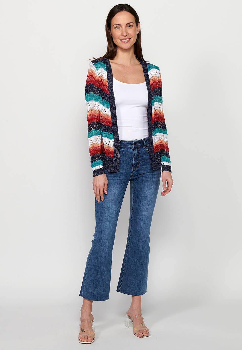 Langärmliges, durchbrochenes Trikot mit mehrfarbigen Streifen für Damen