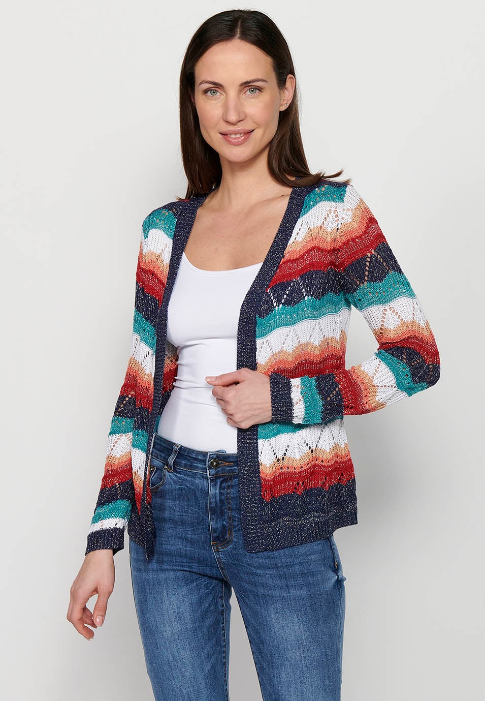 Langärmliges, durchbrochenes Trikot mit mehrfarbigen Streifen für Damen