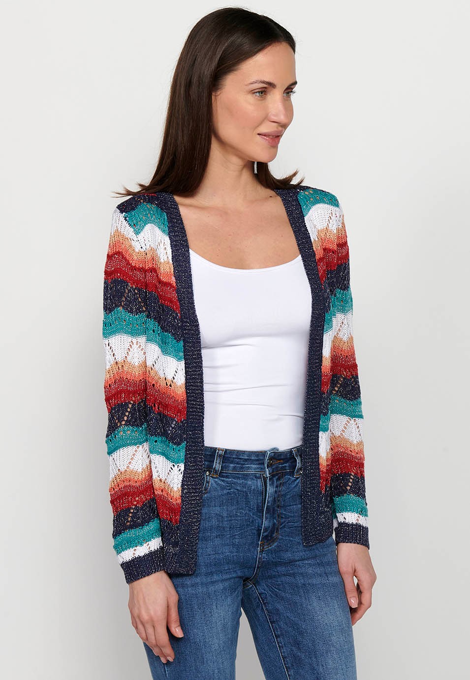 Langärmliges, durchbrochenes Trikot mit mehrfarbigen Streifen für Damen