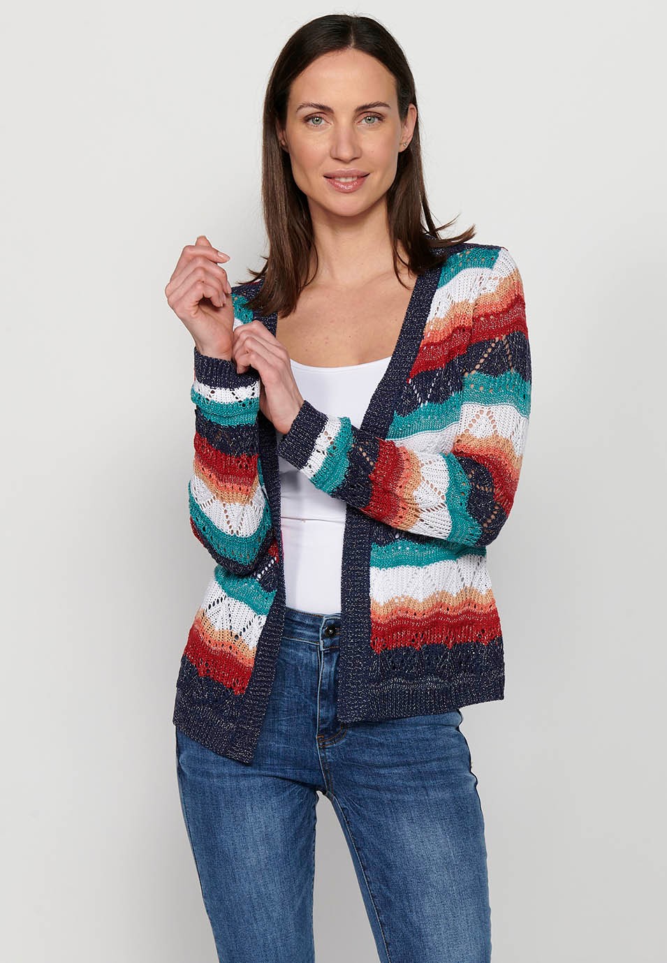 Langärmliges, durchbrochenes Trikot mit mehrfarbigen Streifen für Damen