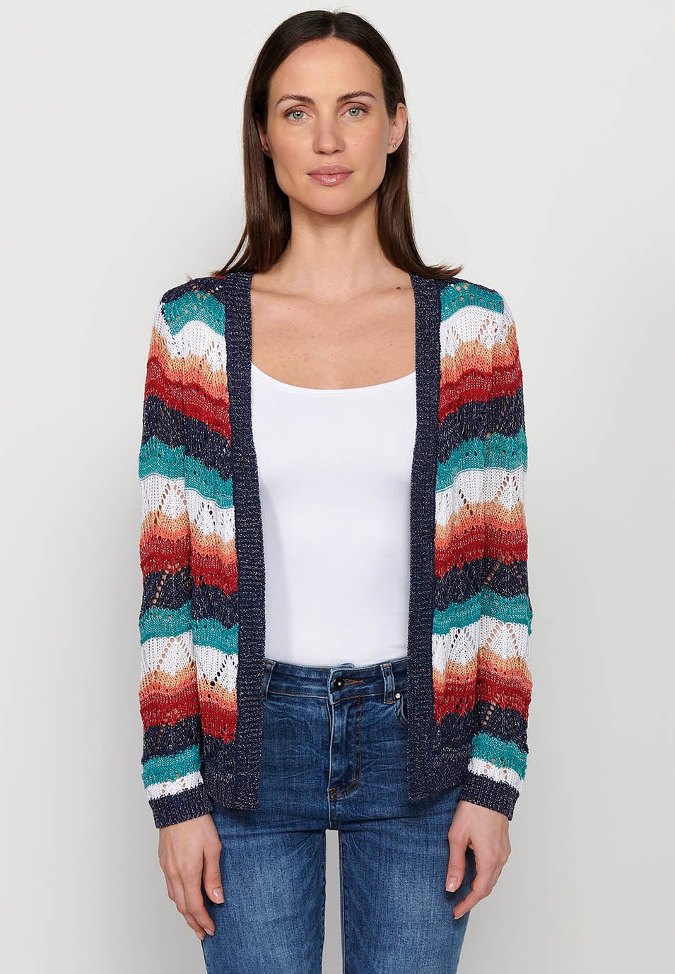 Long-sleeved openwork tricot, multicolored stripes for women