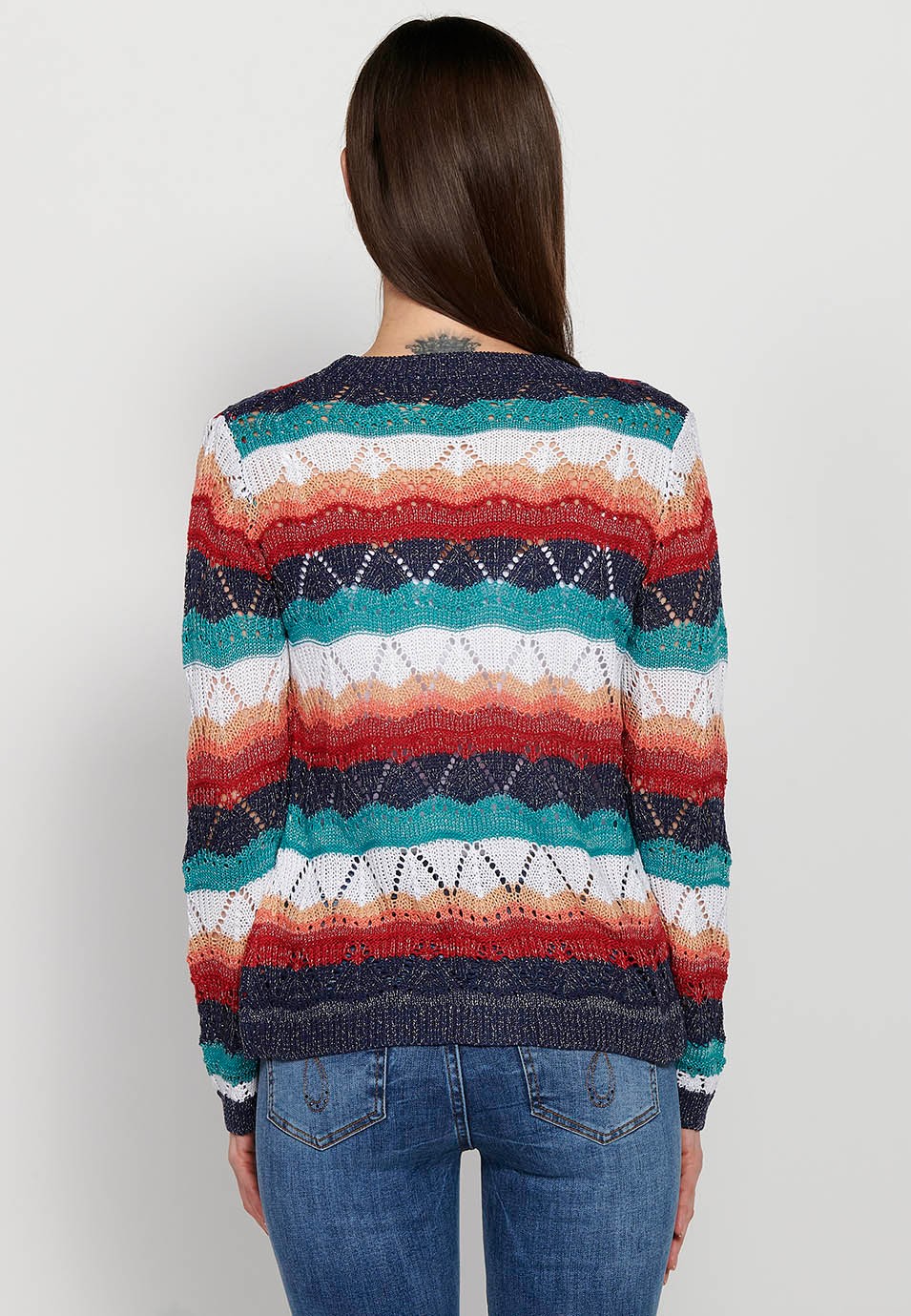Long-sleeved openwork tricot, multicolored stripes for women