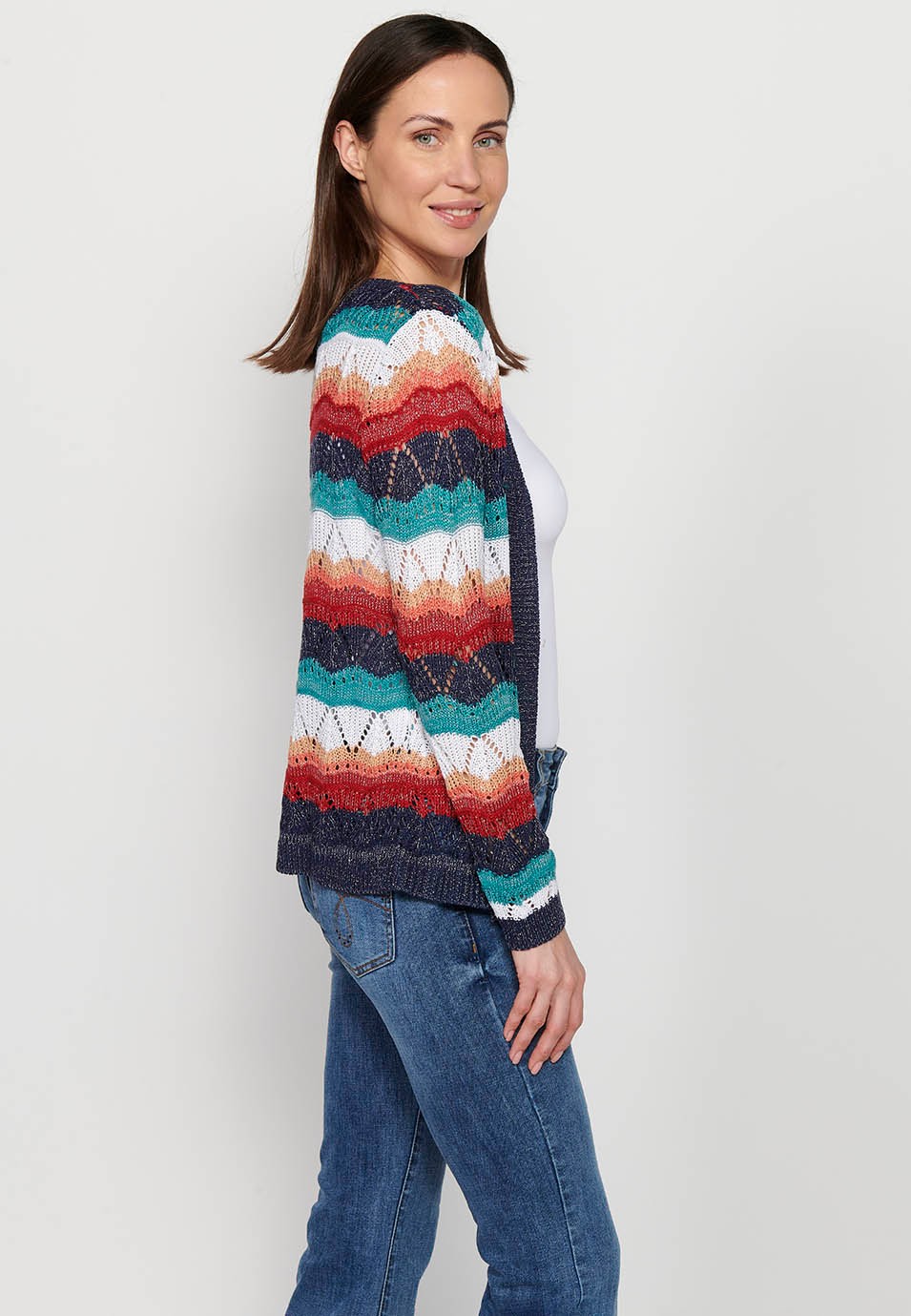 Tricot calado de manga larga, rayas multicolor para mujer