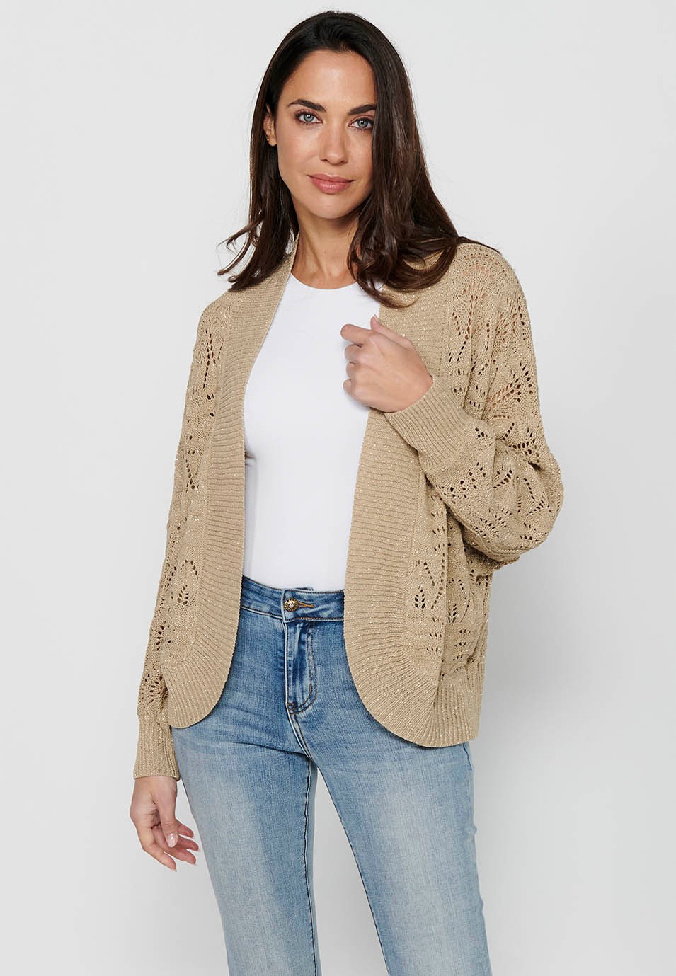 Beige Strickjacke mit lockeren Ärmeln für Damen
