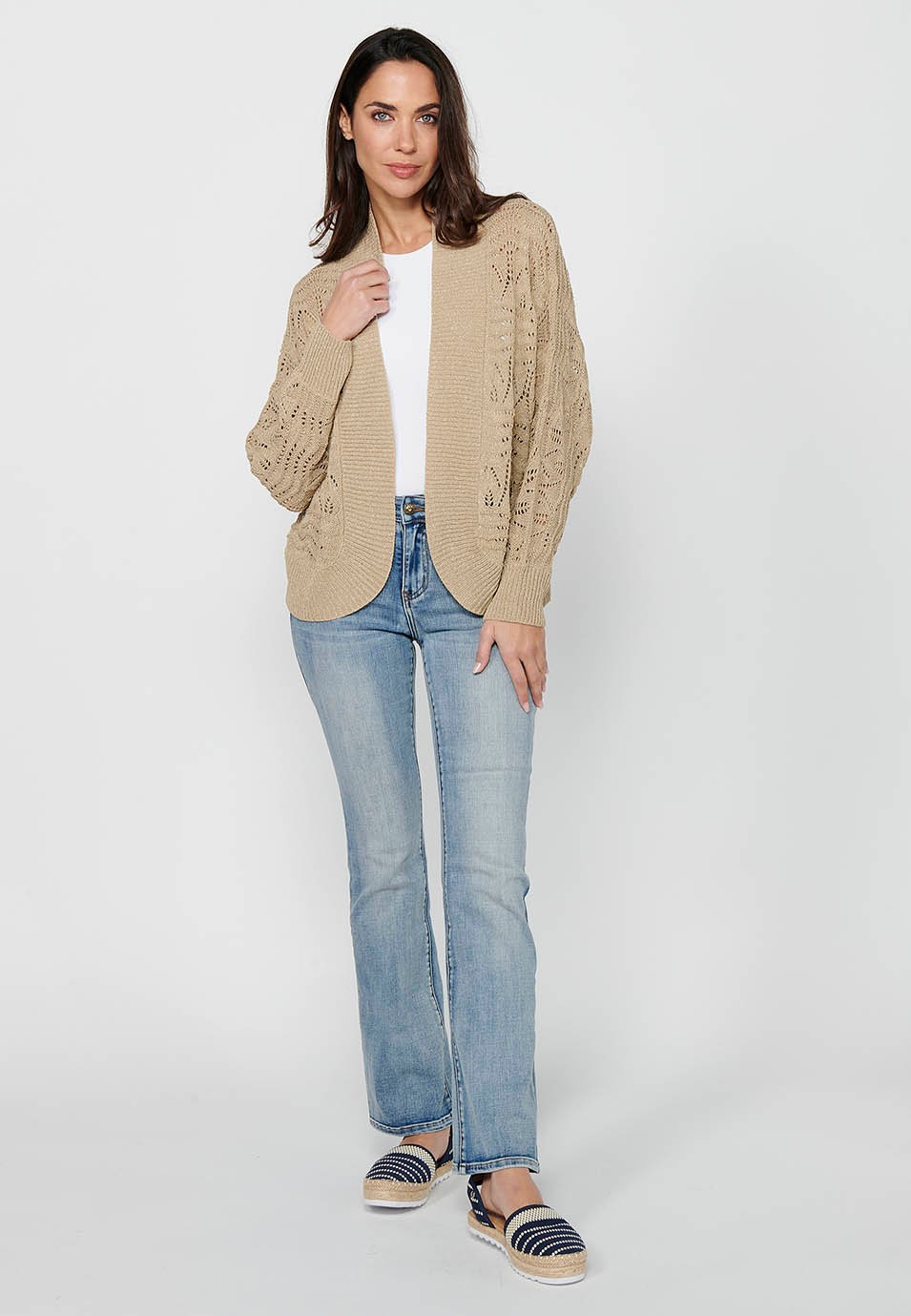 Beige Strickjacke mit lockeren Ärmeln für Damen 4