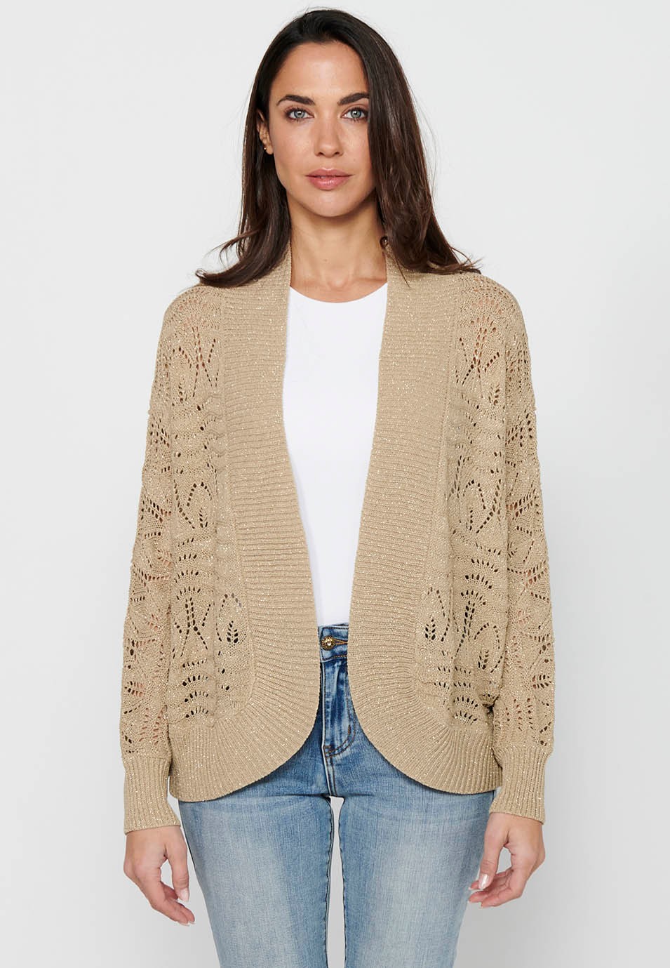 Beige Strickjacke mit lockeren Ärmeln für Damen 2