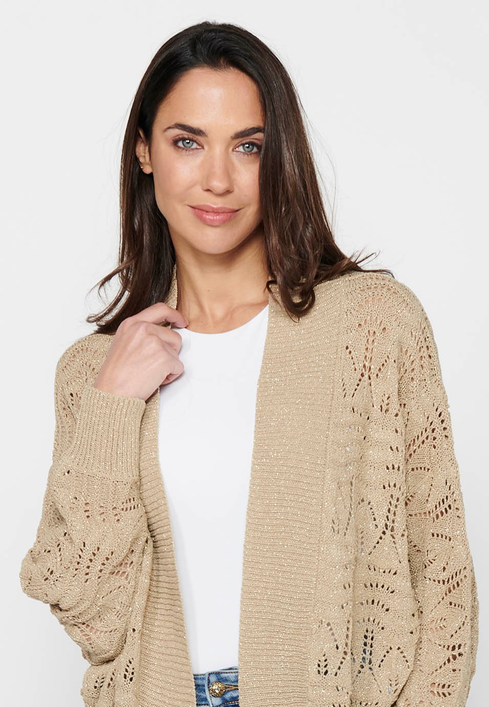Beige Strickjacke mit lockeren Ärmeln für Damen 3