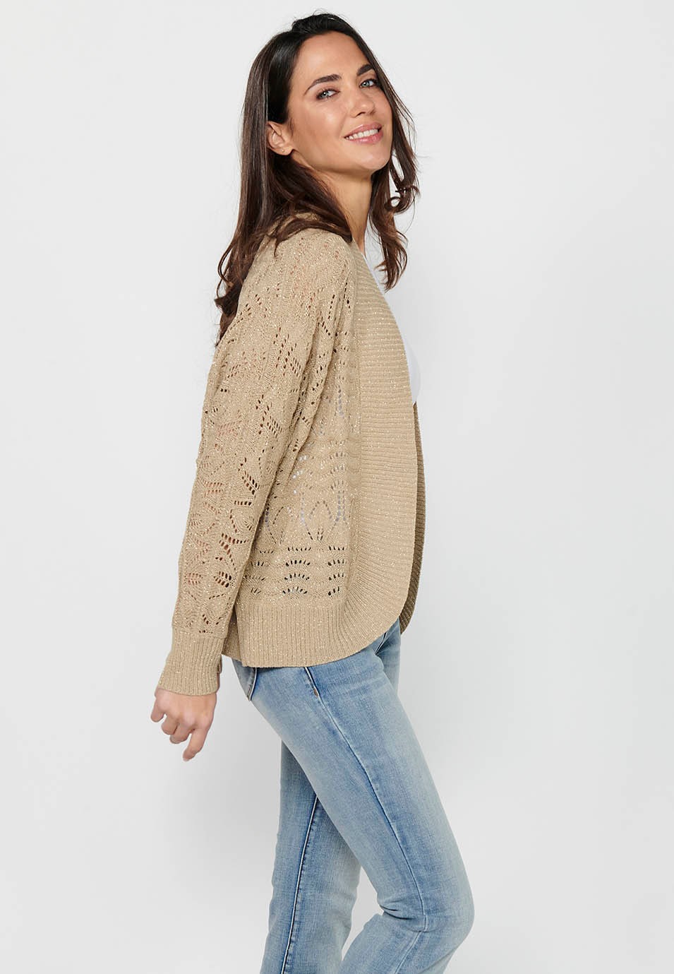 Beige Strickjacke mit lockeren Ärmeln für Damen 1