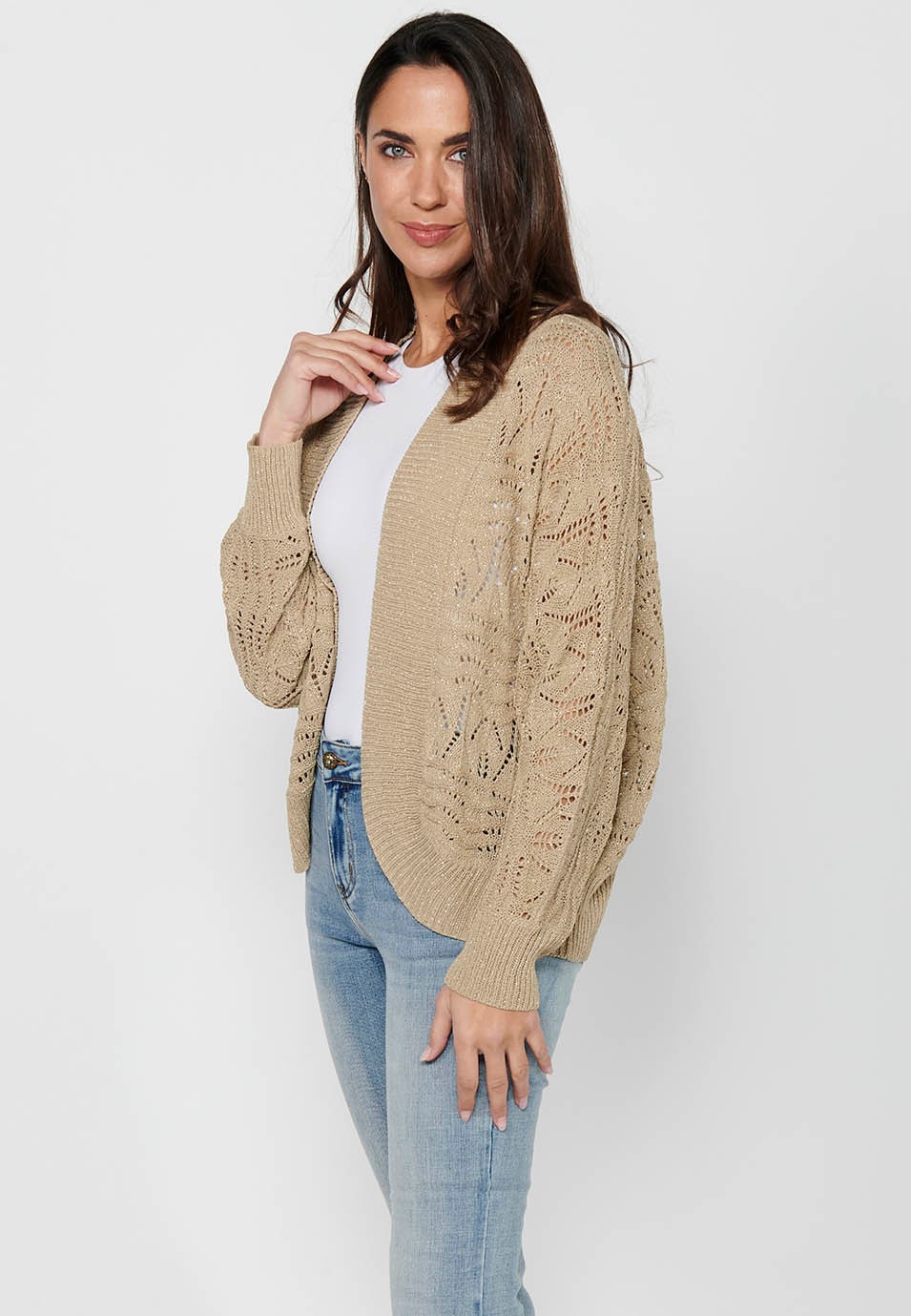 Beige Strickjacke mit lockeren Ärmeln für Damen 8