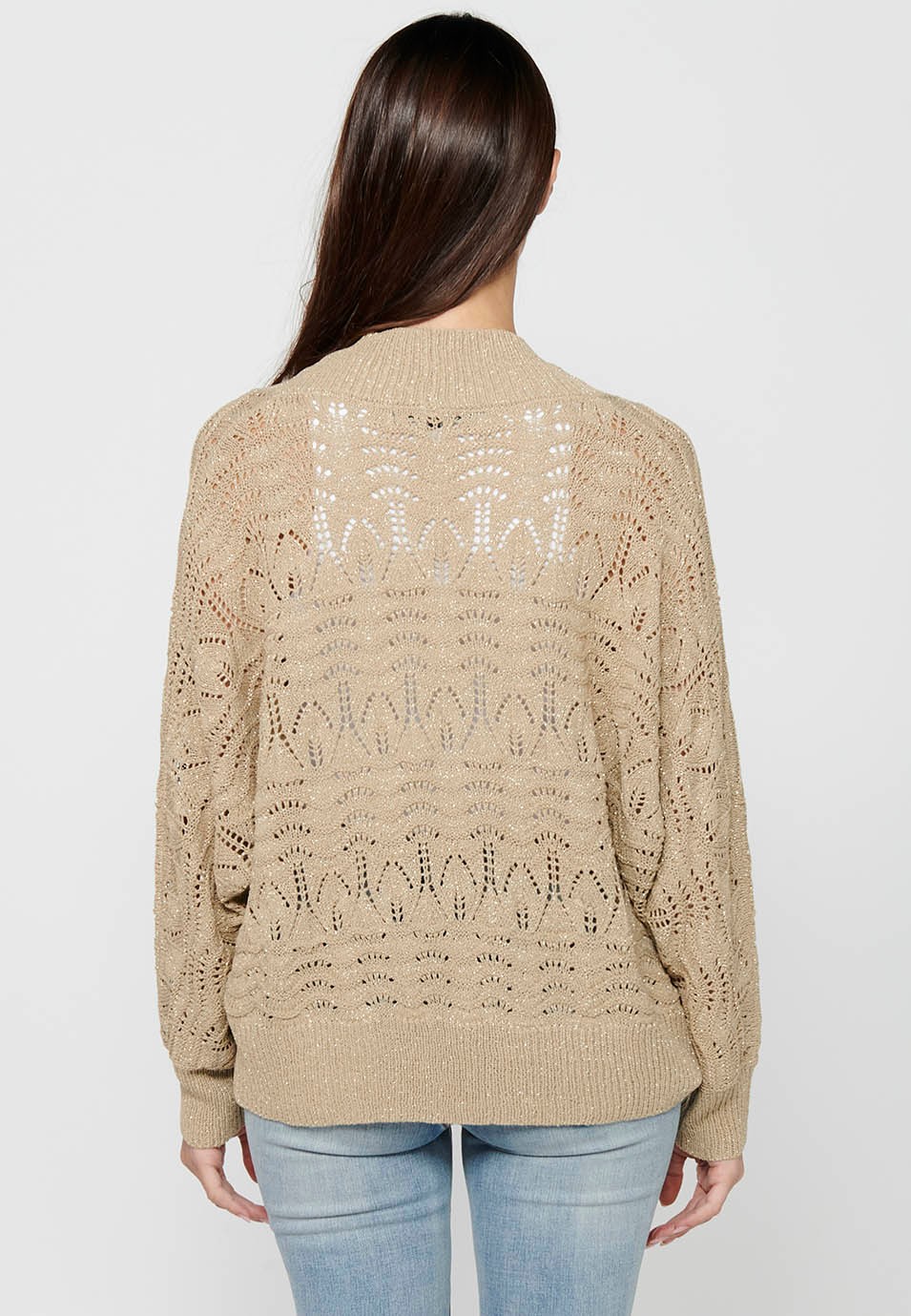 Beige Strickjacke mit lockeren Ärmeln für Damen 5