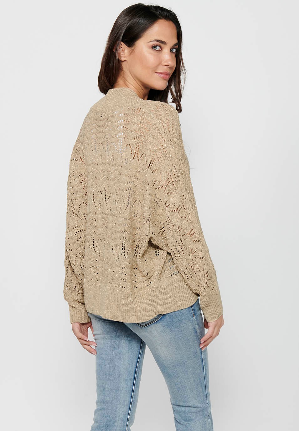 Beige Strickjacke mit lockeren Ärmeln für Damen 6