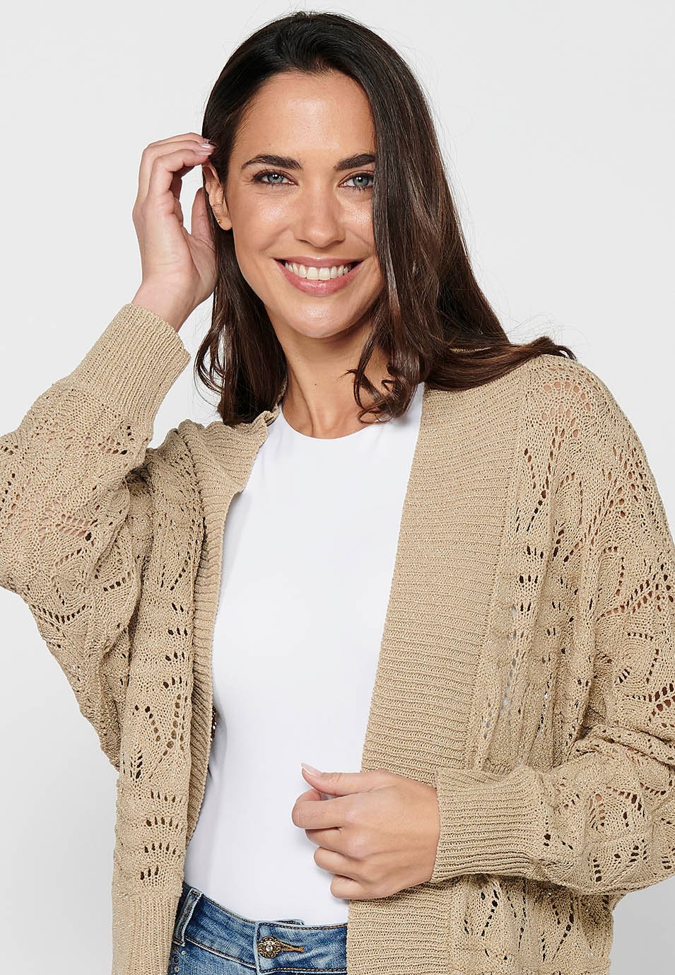 Beige Strickjacke mit lockeren Ärmeln für Damen 7