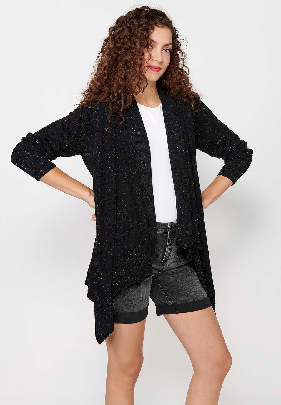 Chaqueta tricot de manga larga con Acabado asimétrico. Tricot jaspeado de Color Negro para Mujer 3