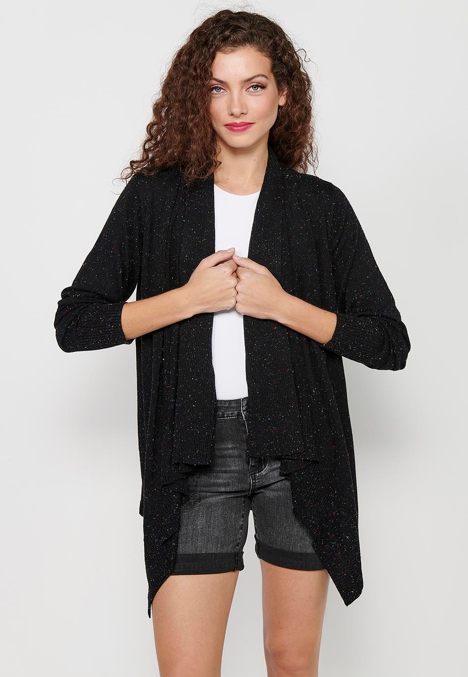 Jaqueta tricot de màniga llarga amb Acabat asimètric. Tricot jaspiat de Color Negre per a Dona 7