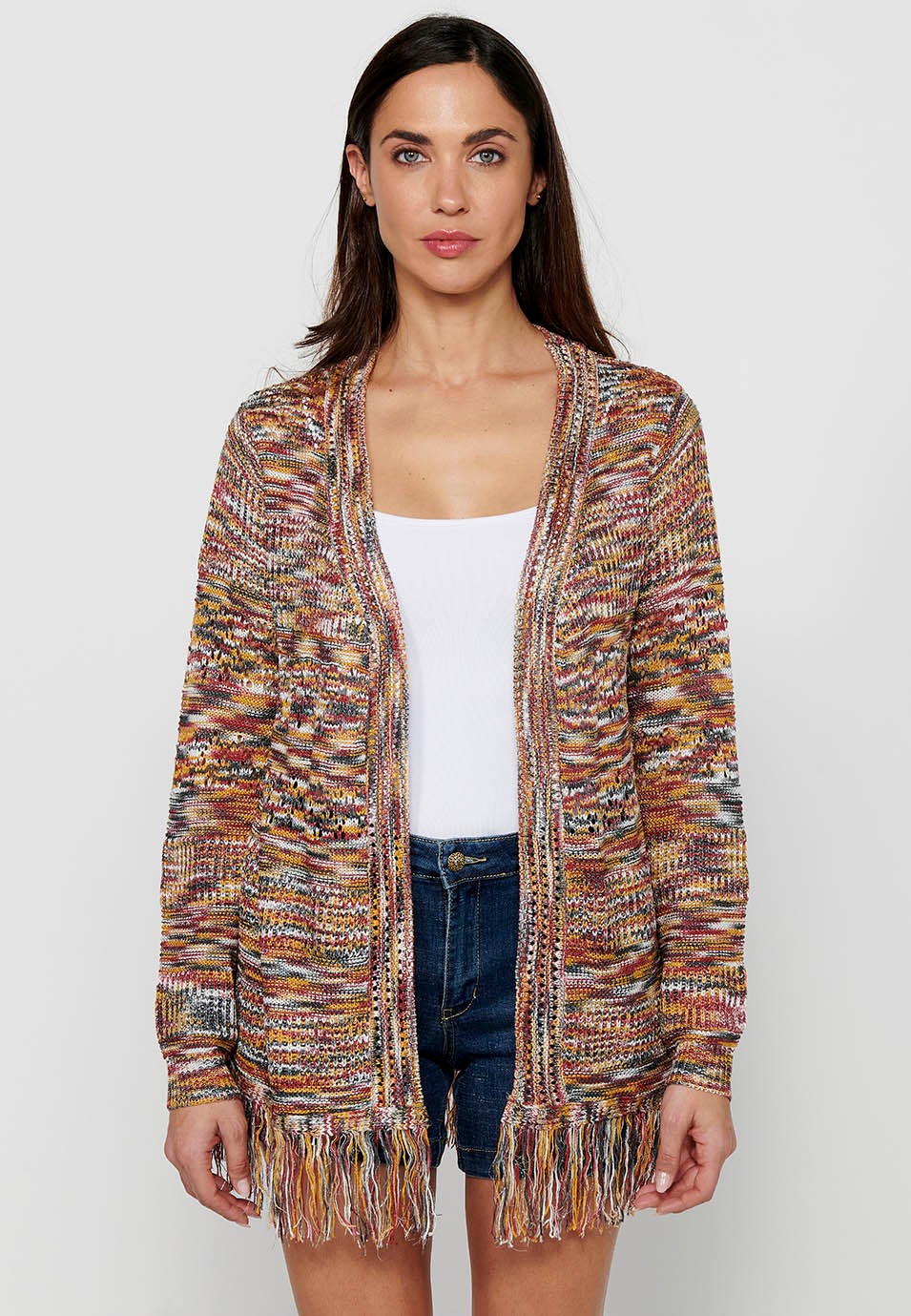 Long sleeve knitted jacket. Multicolor Marbled Tricot for Women 6