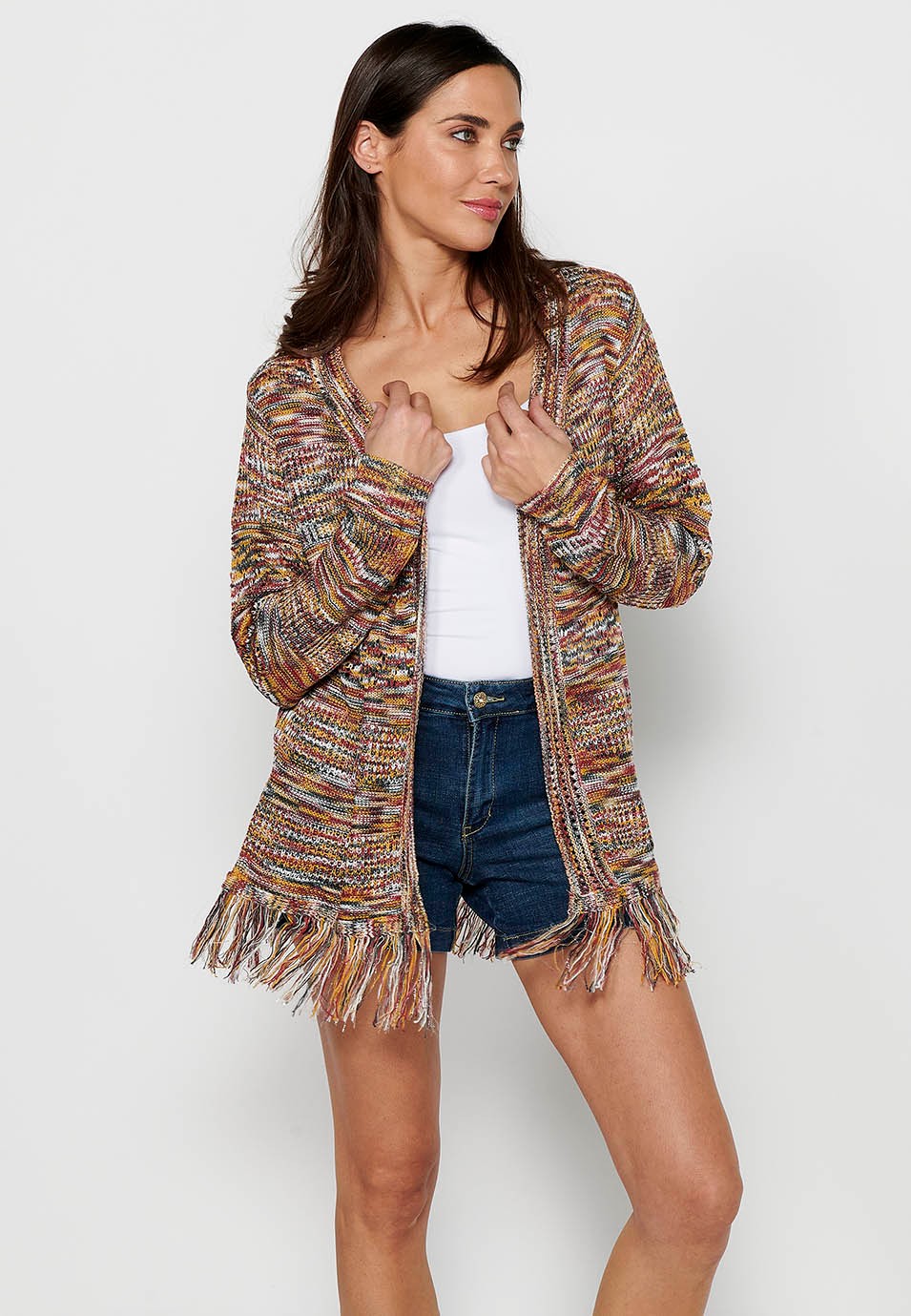 Long sleeve knitted jacket. Multicolor Marbled Tricot for Women