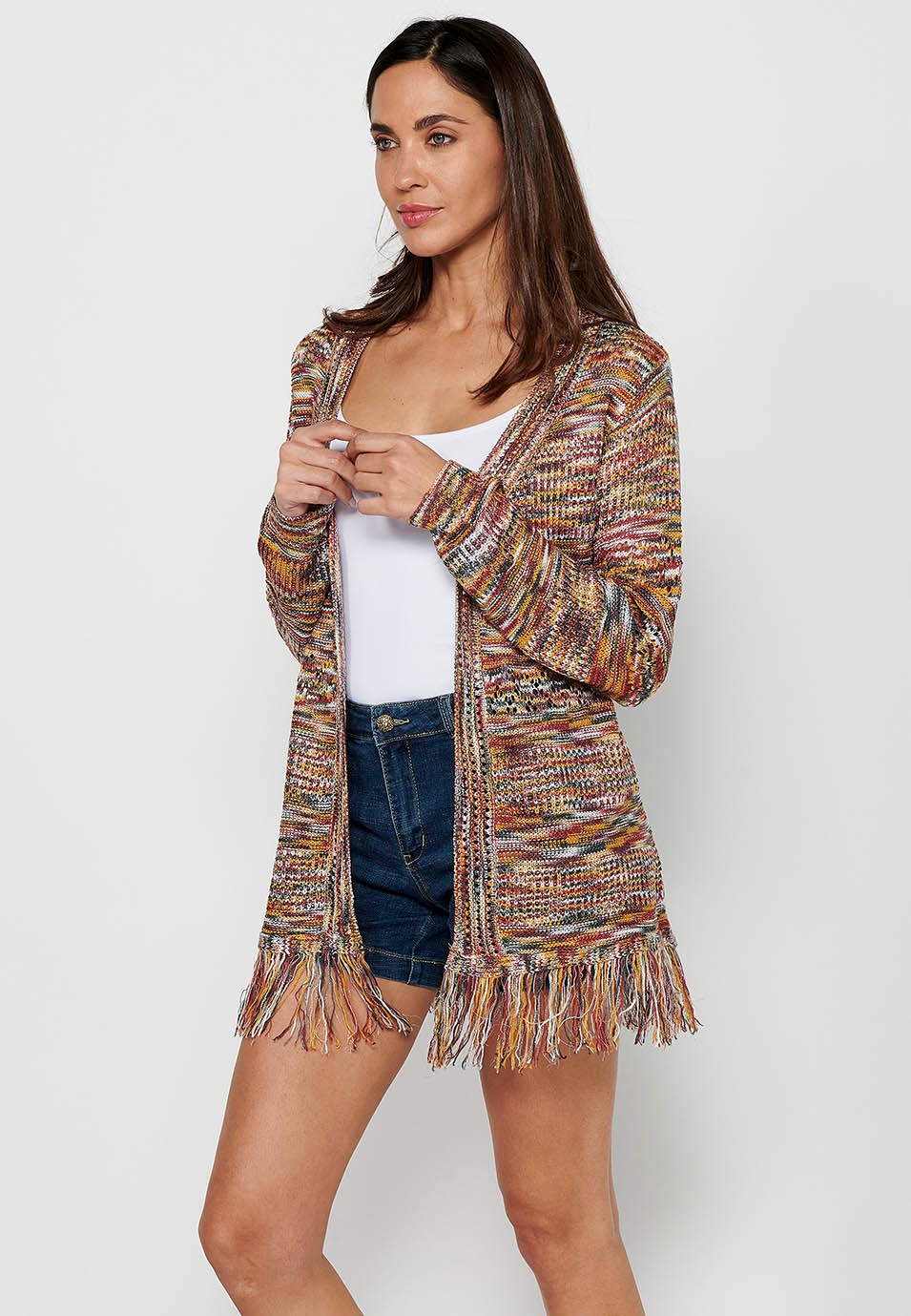 Long sleeve knitted jacket. Multicolor Marbled Tricot for Women 2