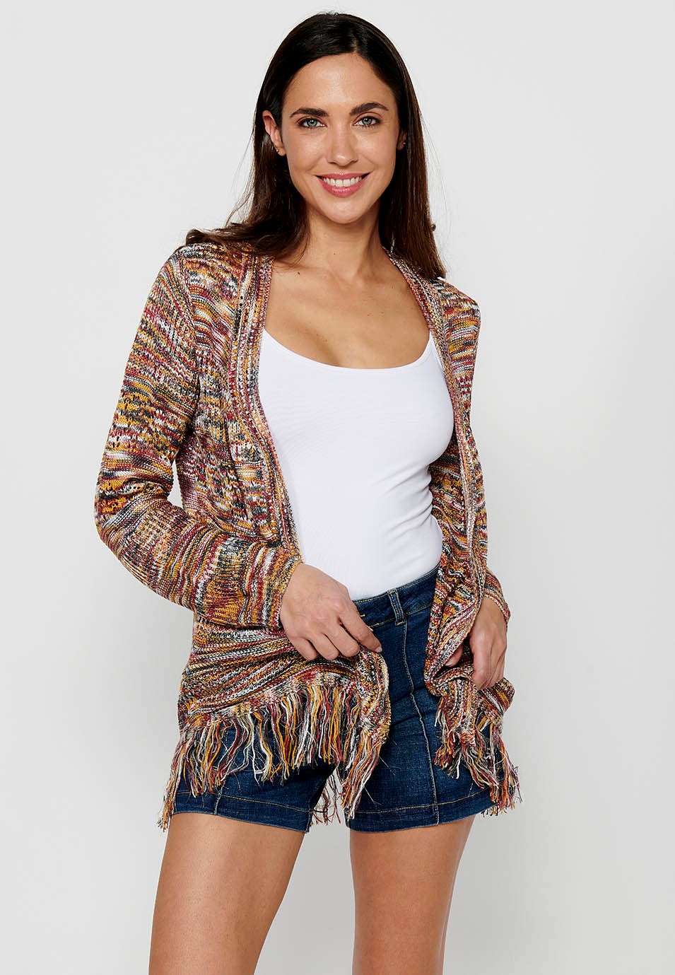 Long sleeve knitted jacket. Multicolor Marbled Tricot for Women 1