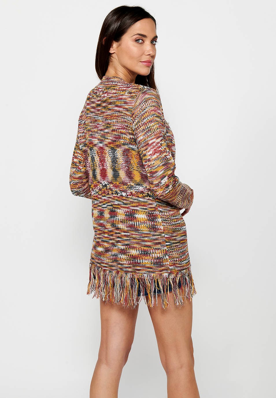 Long sleeve knitted jacket. Multicolor Marbled Tricot for Women 8