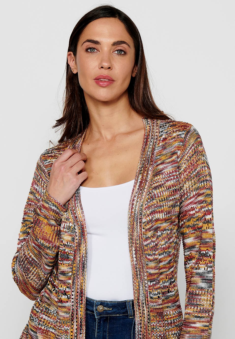 Long sleeve knitted jacket. Multicolor Marbled Tricot for Women 7