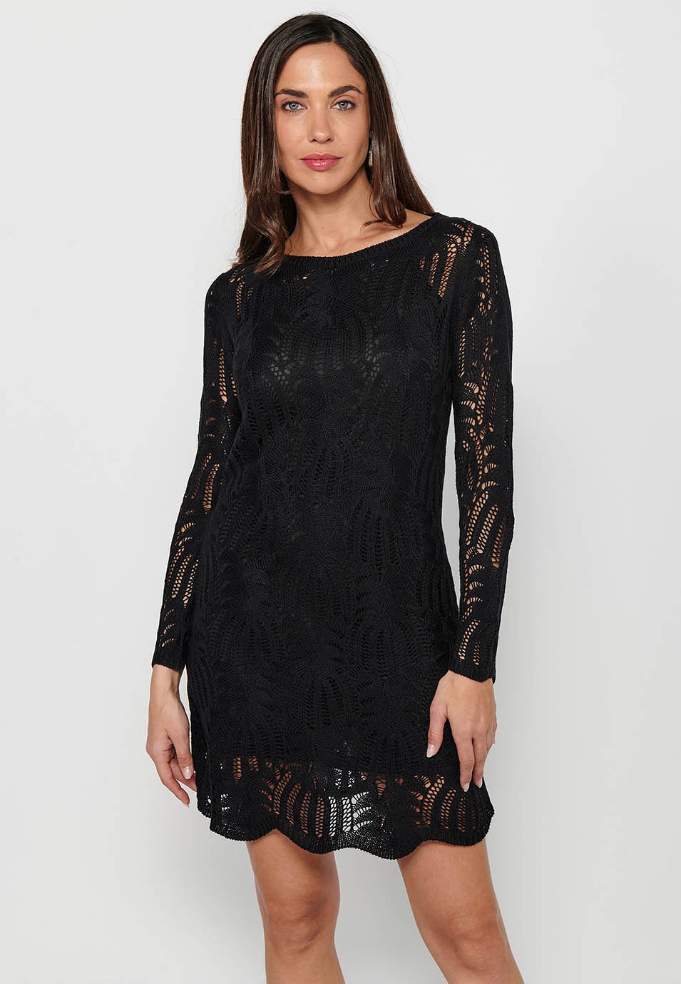 Women's Black Round Neck Flared Long Sleeve Lined Tricot Dress 9