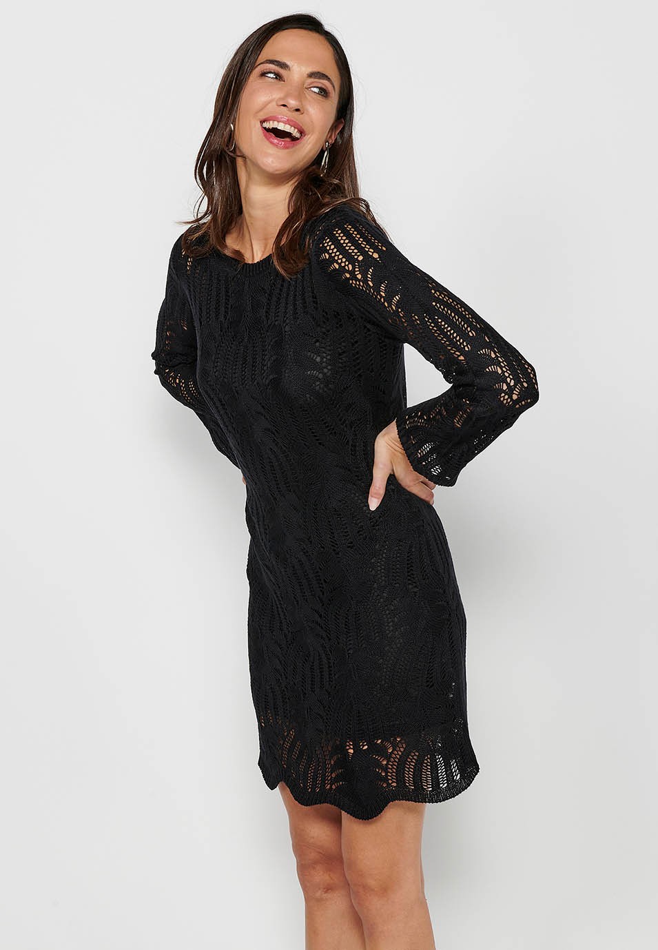 Women's Black Round Neck Flared Long Sleeve Lined Tricot Dress 4