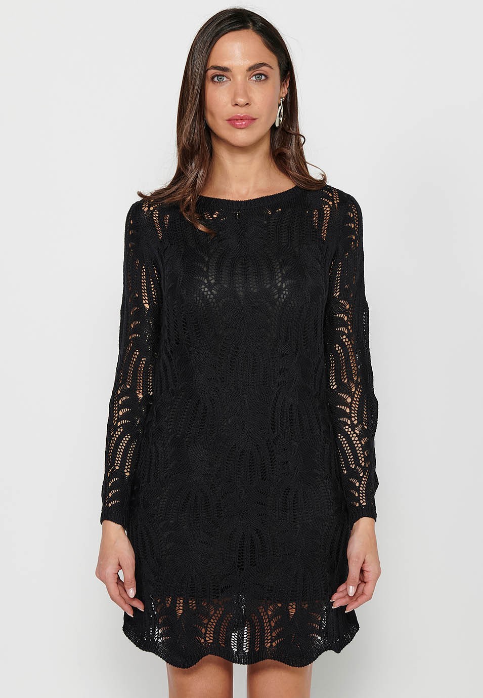 Women's Black Round Neck Flared Long Sleeve Lined Tricot Dress 3