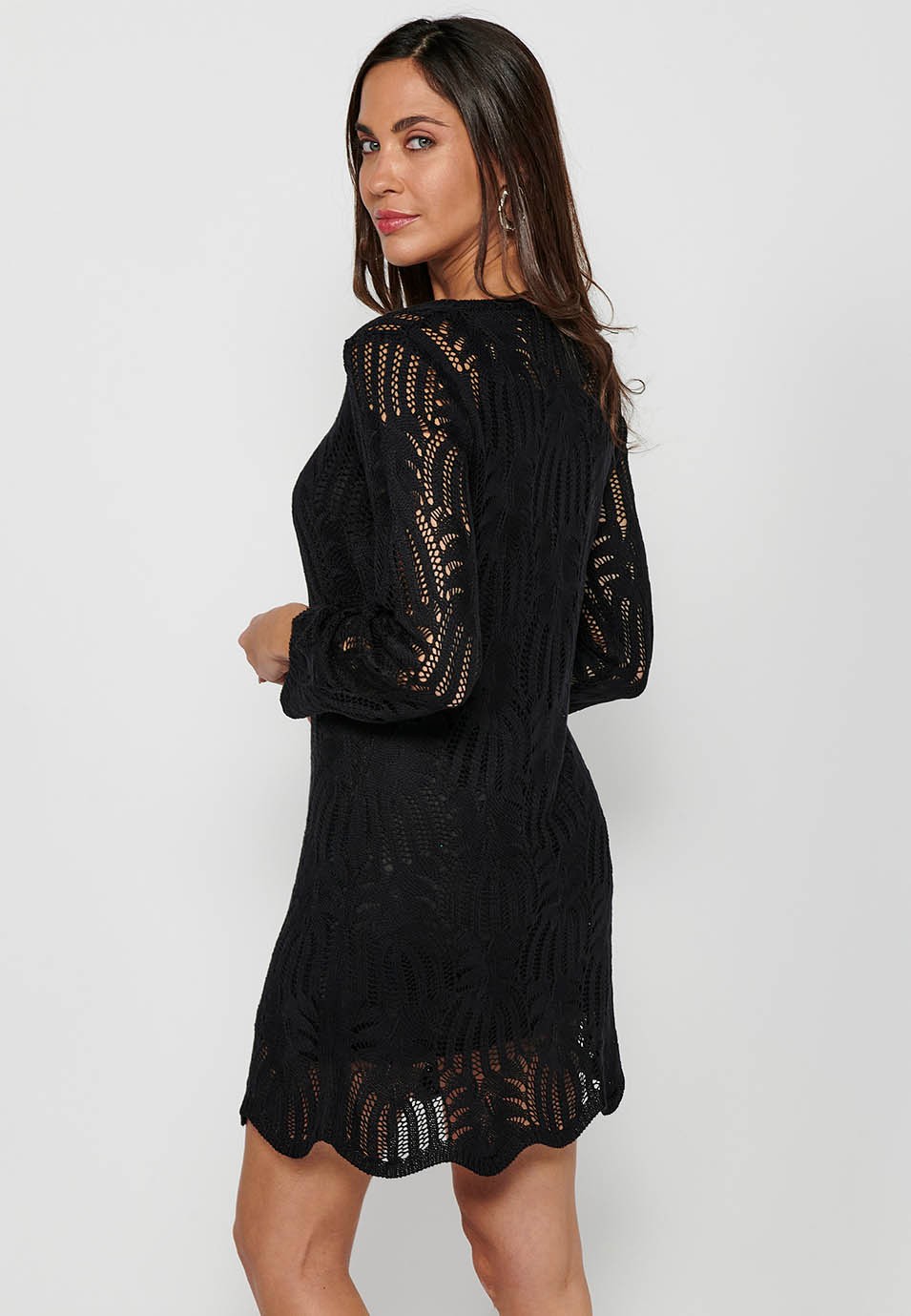 Women's Black Round Neck Flared Long Sleeve Lined Tricot Dress 7