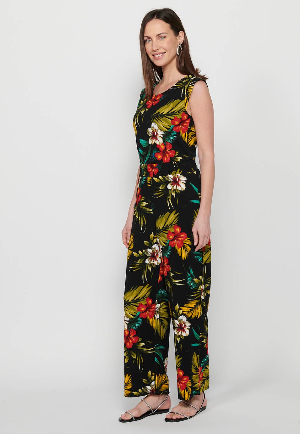 Robe combinaison avec fermeture éclair au dos et imprimé floral tropical, col rond et taille serrée avec bande élastique en Multicolore pour Femme