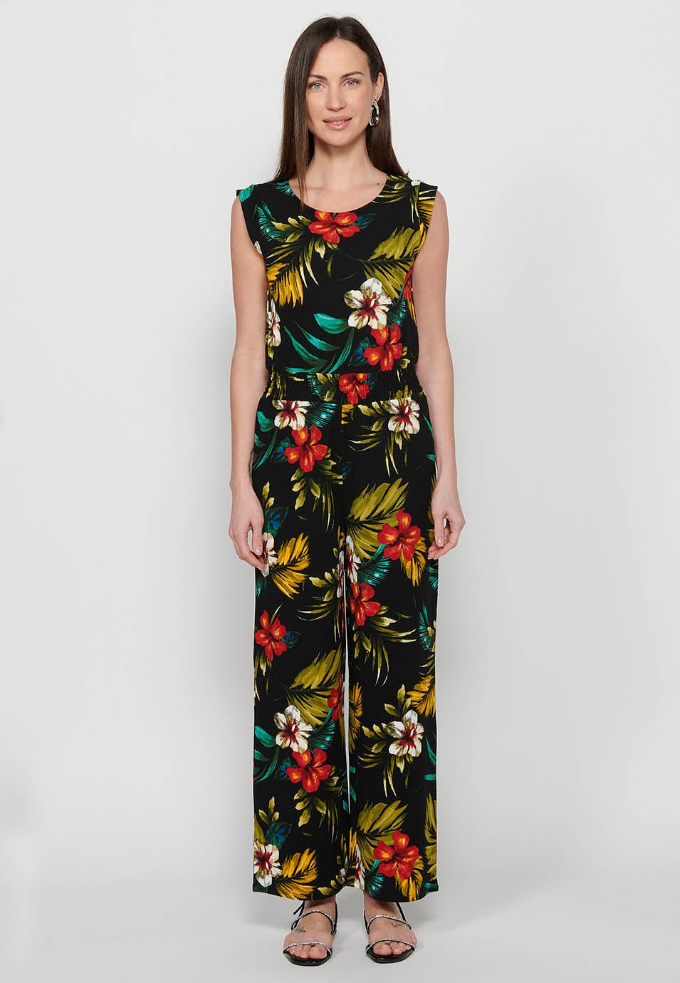 Jumpsuit dress with zipper back closure and tropical floral print, round neck and tight waist with elastic band in Multicolor for Women