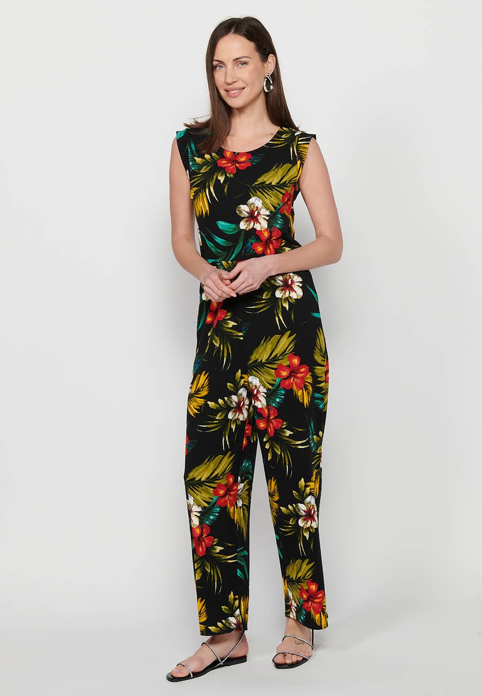 Jumpsuit dress with zipper back closure and tropical floral print, round neck and tight waist with elastic band in Multicolor for Women