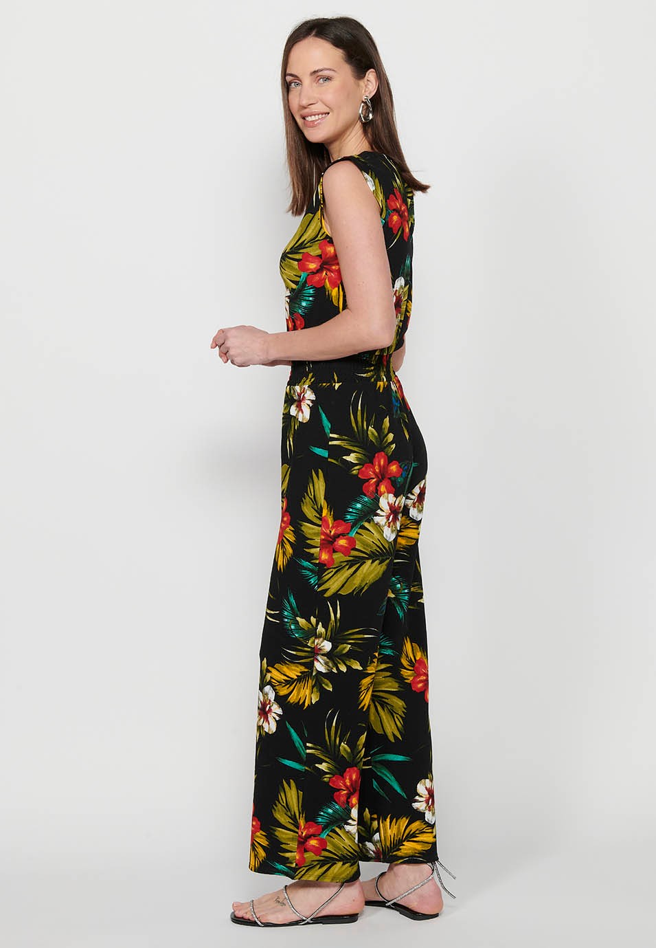 Robe combinaison avec fermeture éclair au dos et imprimé floral tropical, col rond et taille serrée avec bande élastique en Multicolore pour Femme