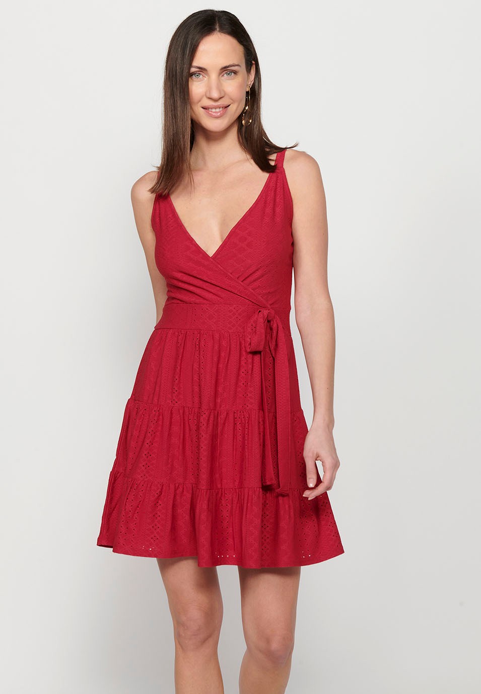 Short strap dress with crossed V-neckline and tight waist with elastic band in Fuchsia for Women 7