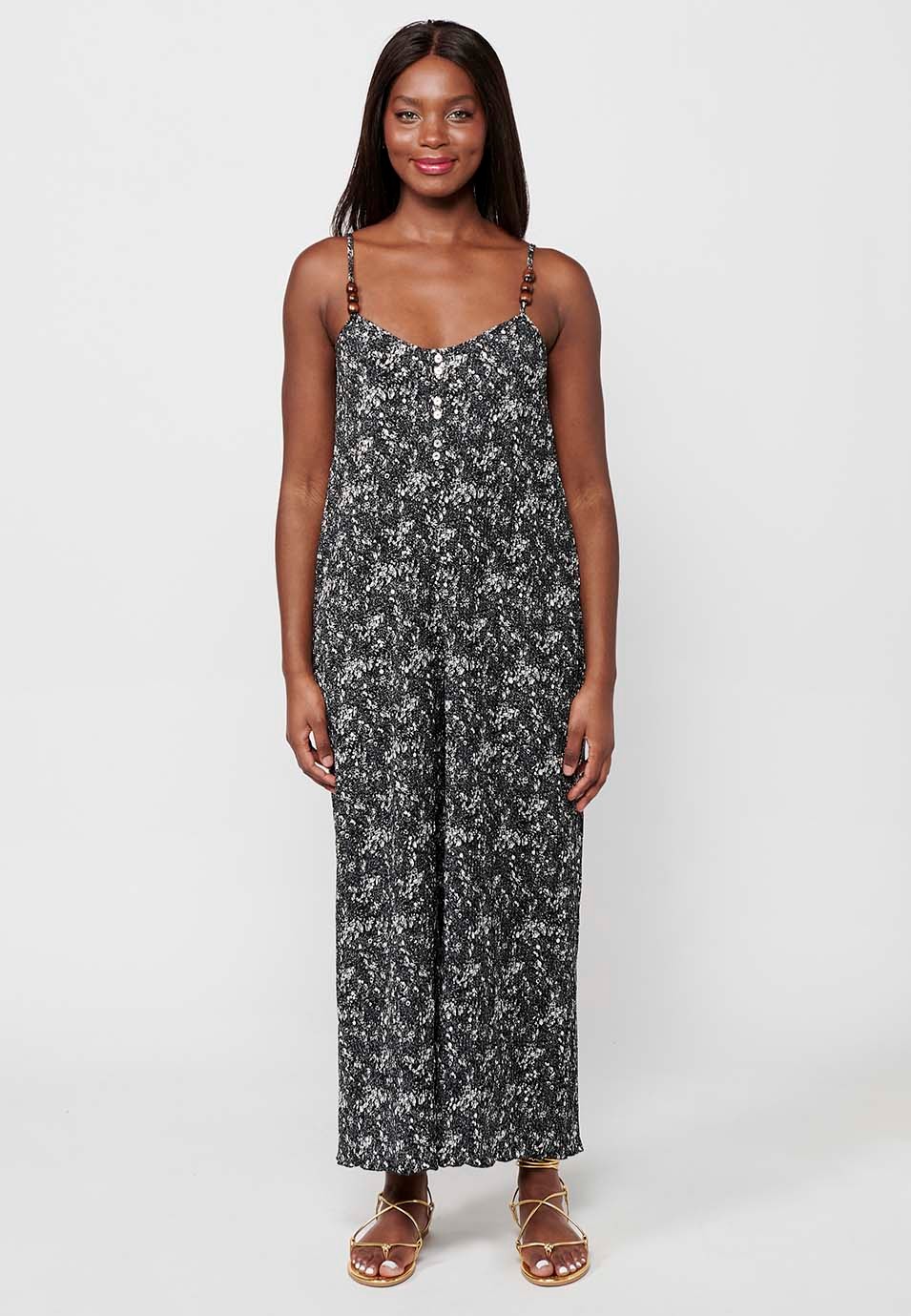 Loose jumpsuit with floral print in black for women