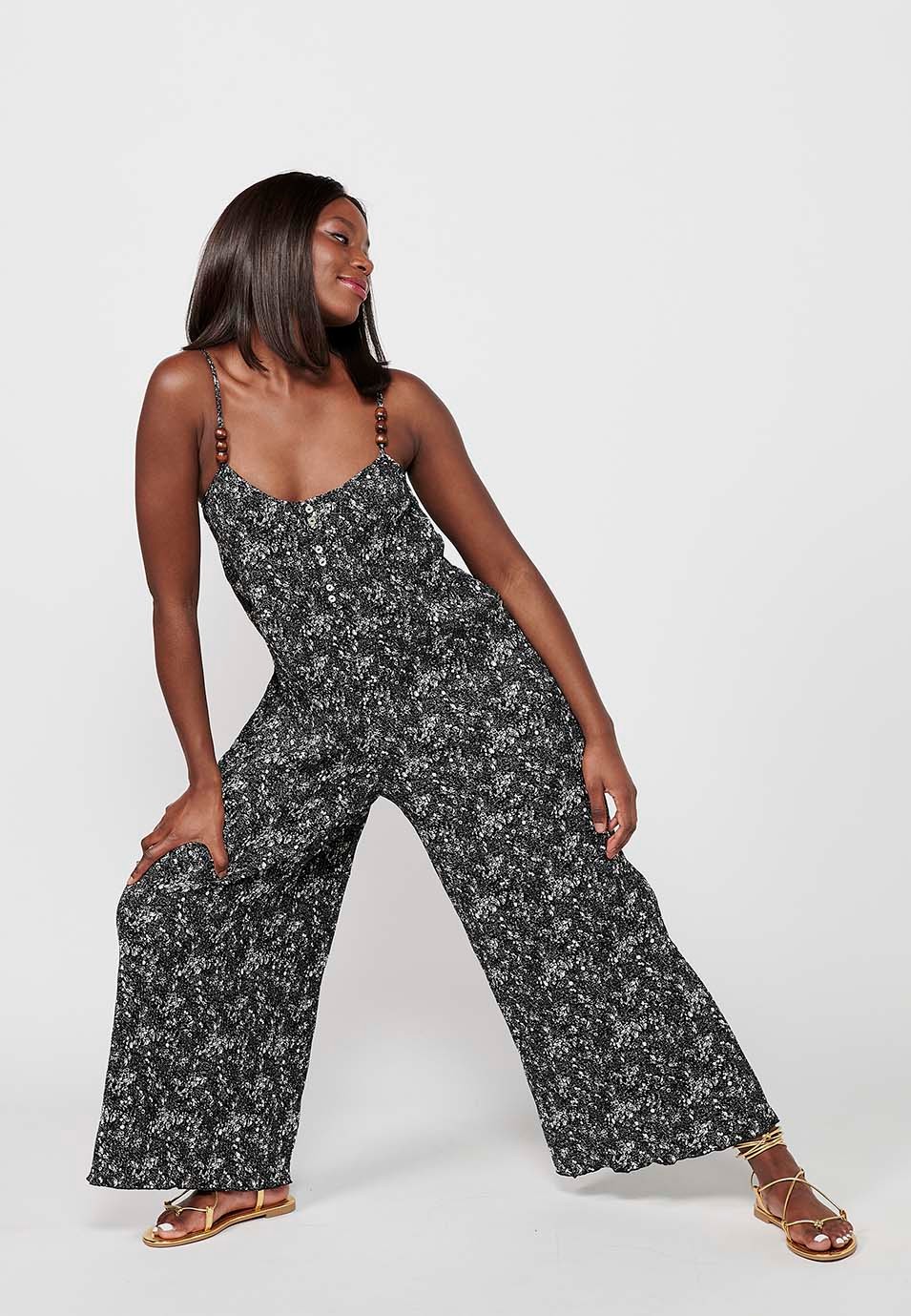 Loose jumpsuit with floral print in black for women